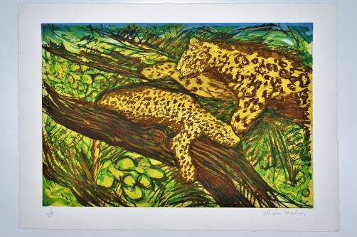 Malcolm Morley print Leopards from the Odysseys of Enoch Suite, 1986, American